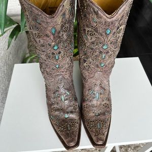Studded Coral Boots/ teal inlay fashion cowboy boots